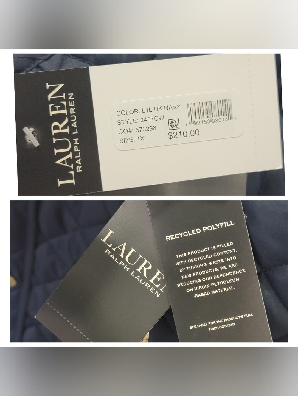 NWT Lauren Ralph Lauren Navy Quilted Jacket Crest Lightweight Coat Women’s 1X - Picture 16 of 17